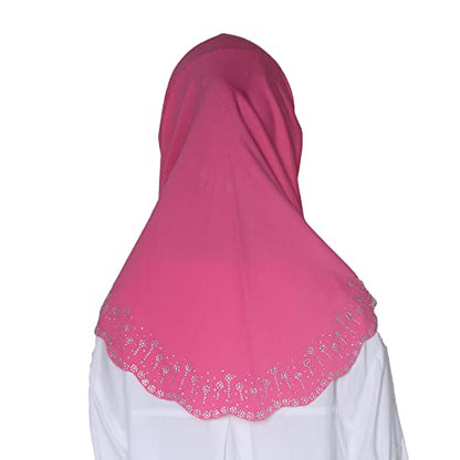 Girls Hijab with Rhinestones – Sparkly Non-Slip Amira Scarf for Kids, for Daily Prayer, School, Ramadan & Eid (Ages 4-12) - color: Rose Red-wavy Edge