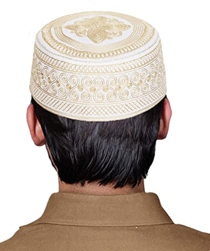 Ibluelover Men Muslim Prayer Kufi Hat Breathable Embroidery Kofia Topi Sunhat Islam Kufi Headware Praying Beanie - color: Yellow