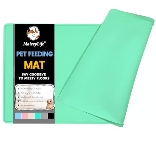MateeyLife Dog & Cat Food Mat - Waterproof, Nonslip Dog Bowl Mats with Raised Edges, Silicone Matt Tray for Messy Drinkers, 22"x14", MintGreen - color: Green, size: 22''×14''