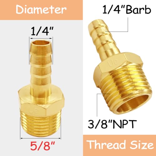 Uenede 6PCS Brass Hose Barb Fittings 3/8" NPT Male to 1/4" Barb Adapter Connector Include 6 Stainless Steel Clamps for Water/Oil/Gas - size: 1/4"Barb, style: 3/8"NPT Male