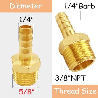 Uenede 6PCS Brass Hose Barb Fittings 3/8" NPT Male to 1/4" Barb Adapter Connector Include 6 Stainless Steel Clamps for Water/Oil/Gas - size: 1/4"Barb, style: 3/8"NPT Male