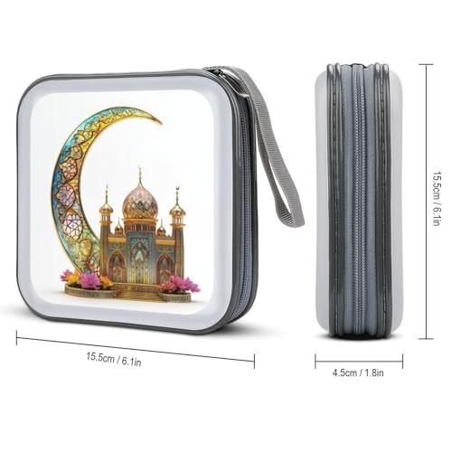 Stained Glass Golden Crescent Moon And Islamic House CD Case DVD Storage Case Portable CD Case Holder Storage CD Wallet Holder Organizer for Car Home Travel