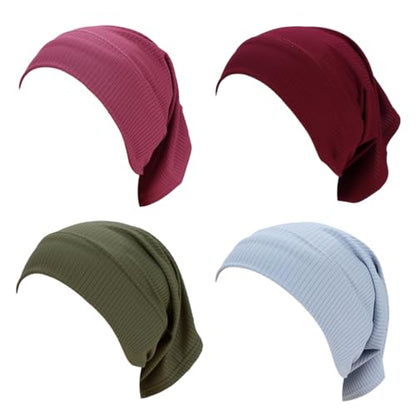 4 Pieces Ribbed Inner Cap Hijab for Women Muslim Underscarf Hat Bonnet Islamic Stretch Tube Cap Turban Headband - color: Purple Wine Blue Green