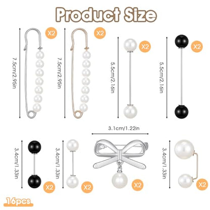 16 Pcs Pearl Brooch Pins Set, Decorative Safety Pin Pant Waist Tightener Pins for Clothes Sweater Shawl Hat Clips White Collar Clips for Cardigan Dress Sweater - style: Pearl Style