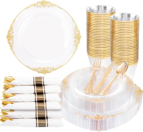 Nervure 175Pcs Clear Gold Plates, Disposable Party Plates for 25 Guests - color: Clear Gold, size: 175Pcs(25Guests)