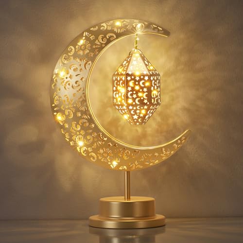 Luxspire Ramadan Moon Lamp, Crescent Moon & Star Ramadan Lights Decorations for Home, Eid Mubarak Decor Battery Powered Ramadan Lanterns, Moroccan Table Lamp Gift for Bedroom Nightstand,Hexagonal+Moon - color: Gold-Hexagonal+Moon