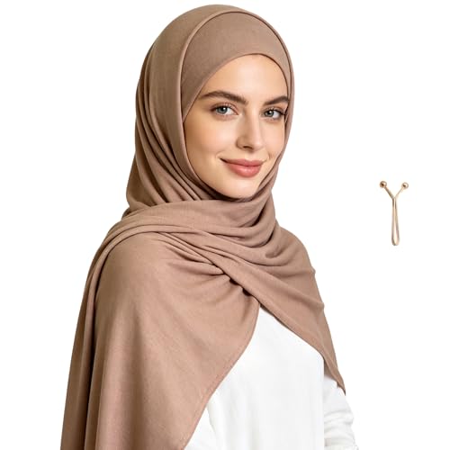 Jersey Hijab Scarf for Women,Lightweight Muslim Turban Head Scarf Modal Feel Hijab Coverings for Prayer with Clip - color: Khaki