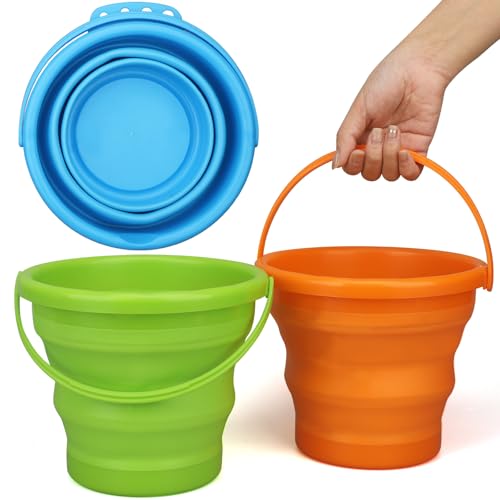 Foldable Beach Sand Toy Bucket for Kids Adults, Jumbo Collapsible Sandbox Bucket, Foldable Pail with Mesh Bag, Multi Use for Garden Beach, Camping, Easter Basket Gift, Fishing, Travelling 3PCS - style: Round