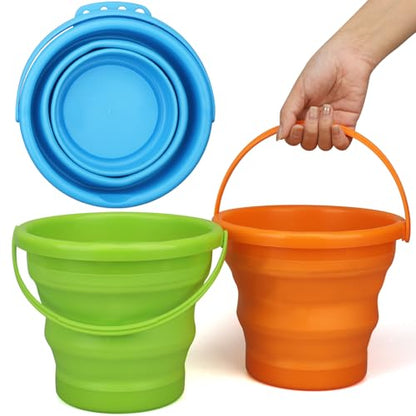 Foldable Beach Sand Toy Bucket for Kids Adults, Jumbo Collapsible Sandbox Bucket, Foldable Pail with Mesh Bag, Multi Use for Garden Beach, Camping, Easter Basket Gift, Fishing, Travelling 3PCS - style: Round