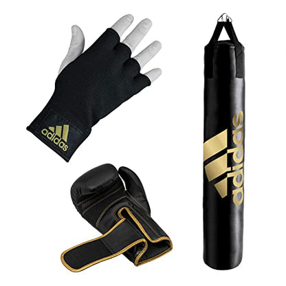 adidas Home Gym Bundle - Home use Heavy Bag (Black White, Black Gold, Black Red / 3ft, 4ft, 5ft) + Hybrid 80 Boxing Gloves (Black White, Black Red, Black Gold / 8oz, 12oz, 16oz) + Protective Inner gloves (Black Gold / Medium) – for Boxing, Training, Fitne
