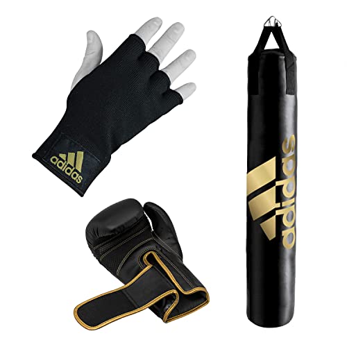 adidas Home Gym Bundle - Home use Heavy Bag (Black White, Black Gold, Black Red / 3ft, 4ft, 5ft) + Hybrid 80 Boxing Gloves (Black White, Black Red, Black Gold / 8oz, 12oz, 16oz) + Protective Inner gloves (Black Gold / Medium) – for Boxing, Training, Fitne