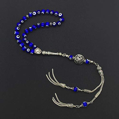 Design - New Long & Stylist Tassels Worry Beads - Prayer Beads (8 mm-33 Beads) Tesbih-Tasbih-Tasbeeh-Misbaha-Subha-Sebha-Sibha-Rosary (Evil Eye - Twin Tassel) - color: Evil Eye - Twin Tassel