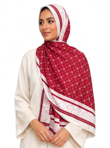 Satin Hijab Scarf for Women, Silk-Feeling Muslim Headscarf, Digital Bow Letter Print Head Wrap Shawl for Summer - color: Mlp004-red