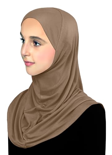 Cotton Hijab for Girls Amira Muslim Kids Head Scarf Ready to Wear Easy Instant - color: Medium - Tan, size: Large