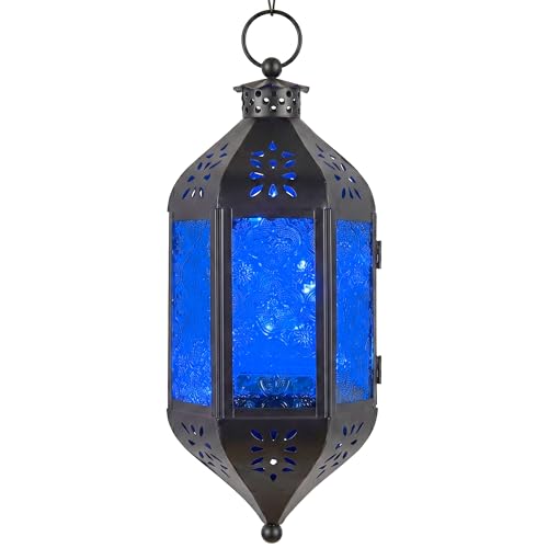 Vela Lanterns Hanging Moroccan Lantern with LED Twinkle Fairy Lights - Exotic Decorative Patio & Porch Decor, Indoor Outdoor Candle Lamp Holder with Chain (13" Large, Cobalt Blue Glass) - color: Cobalt, size: Large