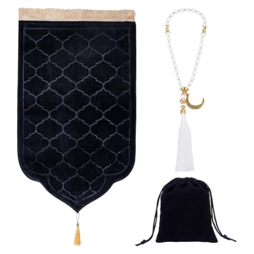 BENECREAT 43.3x26 Inch Muslim Prayer Rug, Soft Memory Foam Prayer Matt with Tasbih Prayer Beads for Portable Ceremony, Black - color: Black