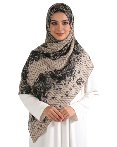 ZGMYC Watercolour Floral Printed Hijab Scarf for Women Soft Modal Cotton Instant Hijab Head Wraps Shawls Long Scarves - color: Khaki & Black Lace