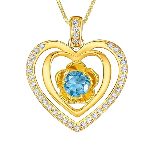 18K Yellow Gold Rose Birthstone Necklace 12 Months Rose Flower Birthstone Necklace Birthday Jewelry Gifts for Women Mom Her - color: 03-March