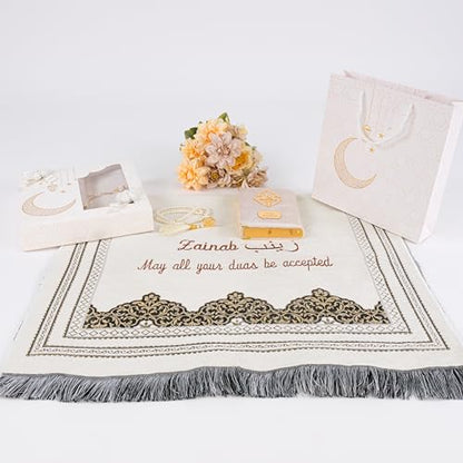 IEF Personalized Prayer Rug Prayer Beads Quran Islamic Gift Set, Ramadan Eid Hajj Umrah Wedding Birthday Mother's Day Father's Day Valentine's Day Gifts (Beige) - color: Beige
