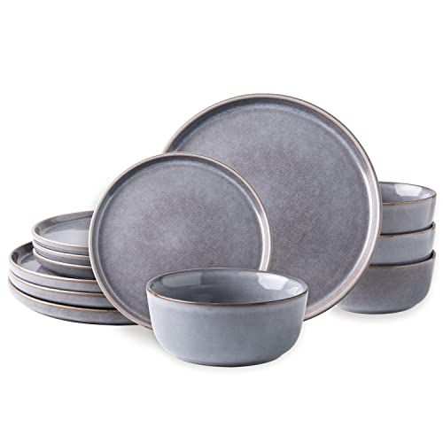 AmorArc Stoneware Dinnerware Sets for 4, 12 Piece Plates and Bowls Sets - color: Reactive Grey, size: Service for 4