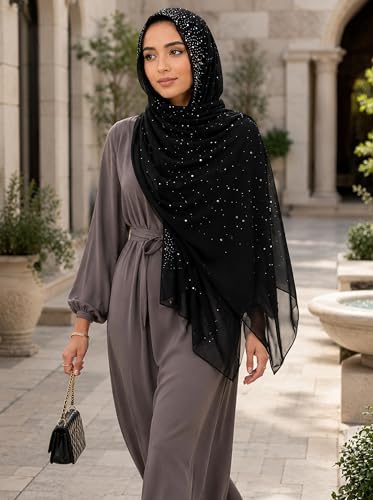 Chiffon Hijab Scarf for Women, Rhinestone Pearl Muslim Head Scarf, Lightweight Shawl Wrap - color: Black