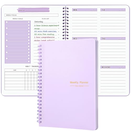 Undated Weekly Planner Purple A5 Personal Goals Journal Non Dated Kids Weekly Planner to Do List with Goal Habit Tracker Organizer, Cute Undated Week Planners with Spiral Binding for Kids School Work - color: Light Purple