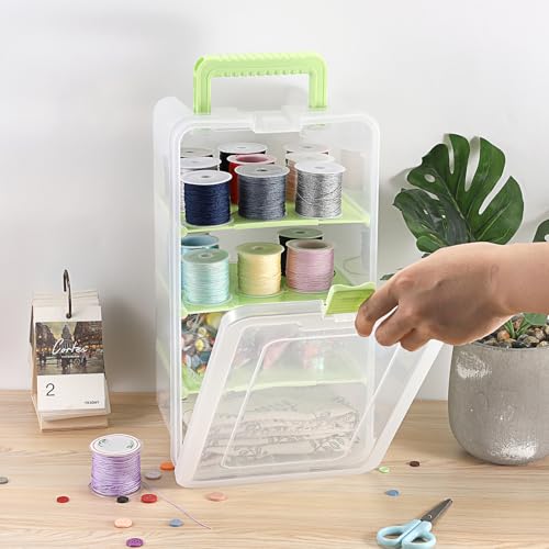 BTSKY Clear Plastic Dividing Storage Box with 4 Deep Compartment Sewing Box | 13.9x7.9x6.2 Inches Adjustable Storage Bin with Lid Portable Craft Container Multipurpose Art Supply Organizer Green - size: 13.9x7.9x6.2 Inches-Green