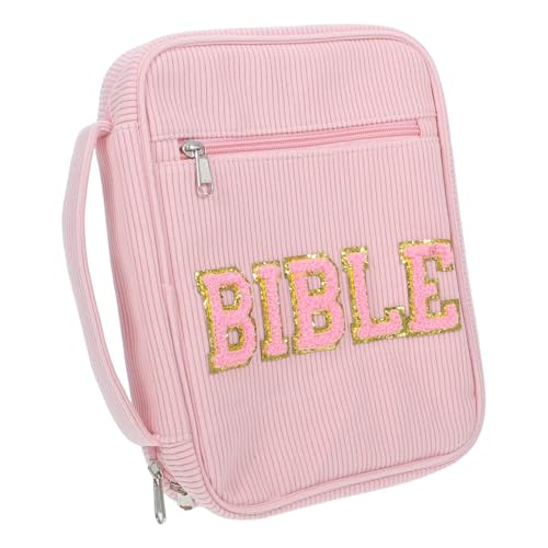 Housoutil Bible Carrying Case with Zippered Pocket and Dedicated Pen Slots, Corduroy Material Protective Cover with Portable Handle for Religious Books and Bibles for Study and Service
