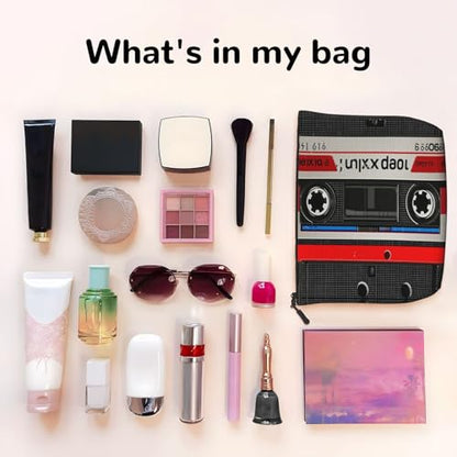 Red Tape Cassette Label Fake Hemp Makeup Bag Travel Bags Toiletry Pouch With Zipper 9.45 X 6.7 In - color: Red Tape Cassette Label