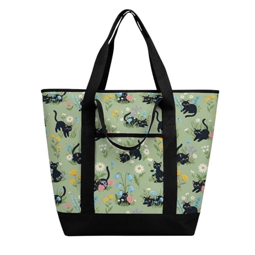SWEET TANG Black Cat Flower Insulated Tote Bag, Large Reusable Thermal Cooler with Zippered Top for Beach, Grocery, Shopping - color: Pattern 81