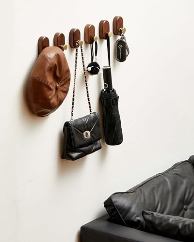 Wood Coat Hooks Wall Mount - Modern Walnut Coat Hook with Brass Accent for Hanging Clothes,Keys,Purse,Robes,Towel,Backpacks, Single Brass Wall Hooks Heavy Duty for Entryway, Closet, Bathroom (6 Pack) - style: 6 Pack