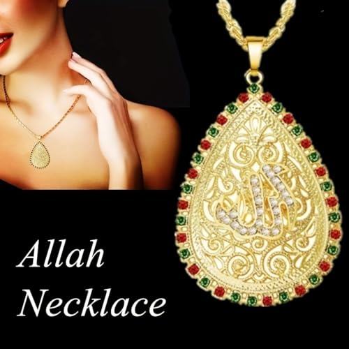 Teardrop Necklace for Women with Zircon & Allah Quran Pendant | Religious Amulet Jewelry, Islamic Muslim, Engraved Patterns