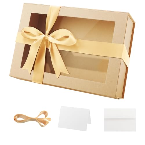 PACKQUEEN Large Kraft Magnetic Gift Box with Window, Ribbon 13.5x9x4.1 In - color: Kraft-13.5x9x4.1 Inches-Pack of 1