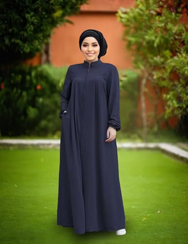 Womens Muslim Abaya Dress Front Zipper 2 Pockets Long Sleeve Prayer Islamic Clothes with Hijab Cap - color: Blue, size: Small