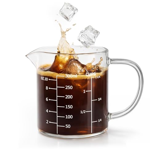 Glass Measuring Cup, 300 ML Clear Liquid Measuring Cup with V-Shaped Spout and Three Scales, High Borosilicate Glass Beaker with Handle for Kitchen or Restaurant (0.3 Liter, 1 1/4 Cup)