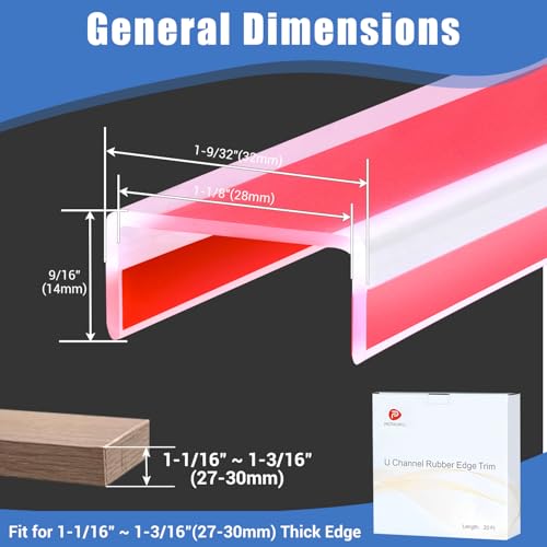 Clear Rubber Edge Trim, Self-Adhesive Transparent Edge Trim, 1-1/8"(28mm) Edge Protector for Plywood, Cabniets or Drawers, Flexible Silicone Rubber Material, Wide U Channel Edge Guards - size: 1-1/8"- Length 20'