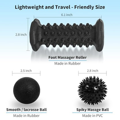 Foot Massager Roller Set for Plantar Fasciitis, Arch and Heel Pain Relief | Includes Foot Roller, lacrosse and spiky massage balls for deep tissue trigger point muscle therapy and neuropathy relief - color: Black Combination