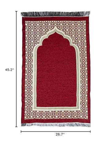 Modefa Turkish Islamic Prayer Mat - Thin Woven Chenille Sajjadah - Intricate Praying Rug Ramadan Eid Gift - Traditional Muslim Janamaz Sajada for Men Women - Geometric Selcuk Star (Red) - color: Red