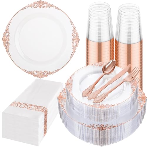 Hioasis 175pcs Clear Rose Gold Plastic Plates 10.25" - color: Clear and Rose Gold