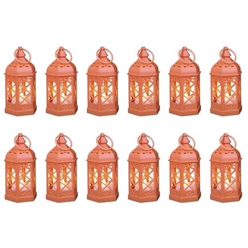 12Pack Mini Lanterns for Ramadan, Halloween, Christmas, Small Lanterns with Flickering LED Candle for Enchanted Forest Wedding, Moroccan Lantern for Table Centerpiece, Medieval Decor, Orange - color: Orange
