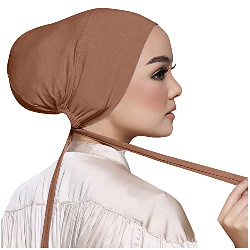 Chiffon Hijab with Undercap Fashion Solid Color Chiffon Head Wraps Under Scarf Caps Muslim Fashion Bandage - color: Brown