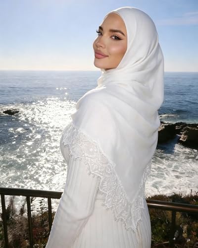 JUMISEE Elegant Floral Lace Hijab Scarf for Women Soft Cotton Head Wrap Instant Hijab Long Scarves Evening Dress Shawl - color: White