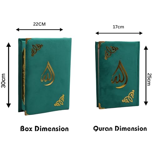 Al Quran Ul karim 13 Line Hafizi Holy koran Arabic Text With Beautiful Design Velvet Cover box - Taj Company Qura'n (Turquoise)