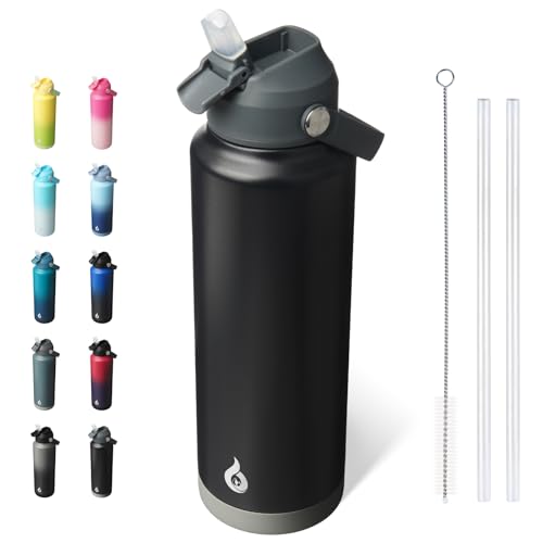 BJPKPK 40oz Insulated Water Bottle, Stainless Steel Bottle with Straw Lid - color: Black, size: 40 Ounces