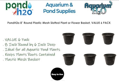 PondH2o 8" (20cm) Round Water Garden Pond Aquatic Plastic Slotted Mesh Plant or Flower Baskets | Value 6 Pack, Plastic Planting Pots for Ponds, Aquariums, Aquaponics, Hydroponics