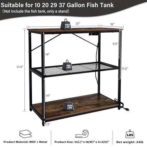 TC-HOMENY Fish Tank Stand 10,20,29,37 Gallon, Aquarium Stand with adjustable shelf,1000LB Capacity ,31" L x 16" W Metal Reptile Tank Stand, Double Storage Design Adjustable Boards, Brown