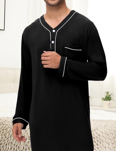 SWOMOG Men's Nightshirt Long Sleeve Nightgown Soft Loose Sleepwear Lightweight Nightwear Comfy Henley Sleep Shirt M-3XL - color: Black, size: Medium