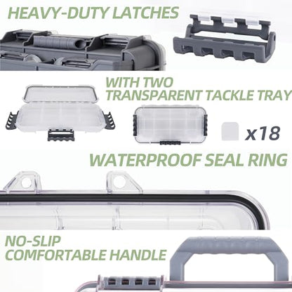 RUNCL Universal Fishing Tackle Box with Two Small Tackle Tray, Removal Inside Design Waterproof Trunk Storage Box, Thicker Floating Airtight Stowaway, Xmas Surprise Fishing Gifts for Men Women - color: Grey