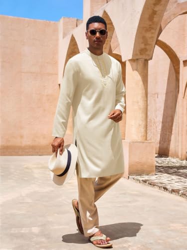 Yousify Mens Kaftan Thobe Casual Henley Shirts - color: Beige, size: Large
