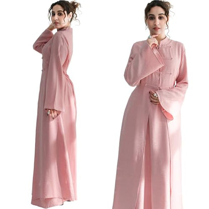 Lenmipot Elegant Middle Eastern Abaya 2pcs Stand Collar Maxi Dress for Women Muslim Jilbab Kaftan Eid Dubai Abaya Outfits - color: Pinka, size: Large